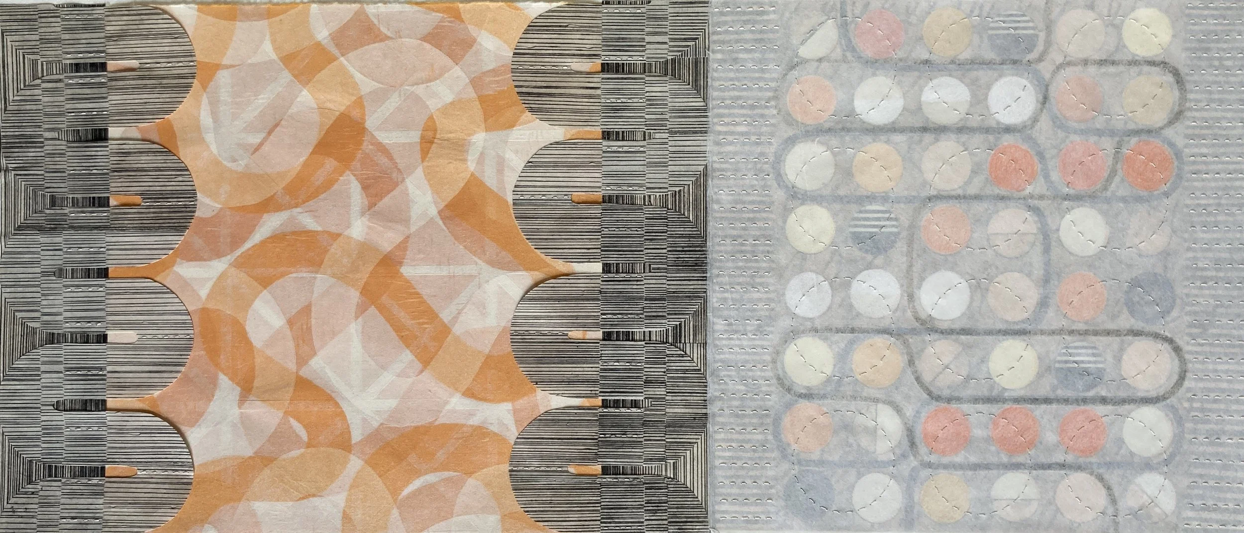 Roll, Rush and Rumble II. Woodblock and intaglio assemblage. 12" x 28".