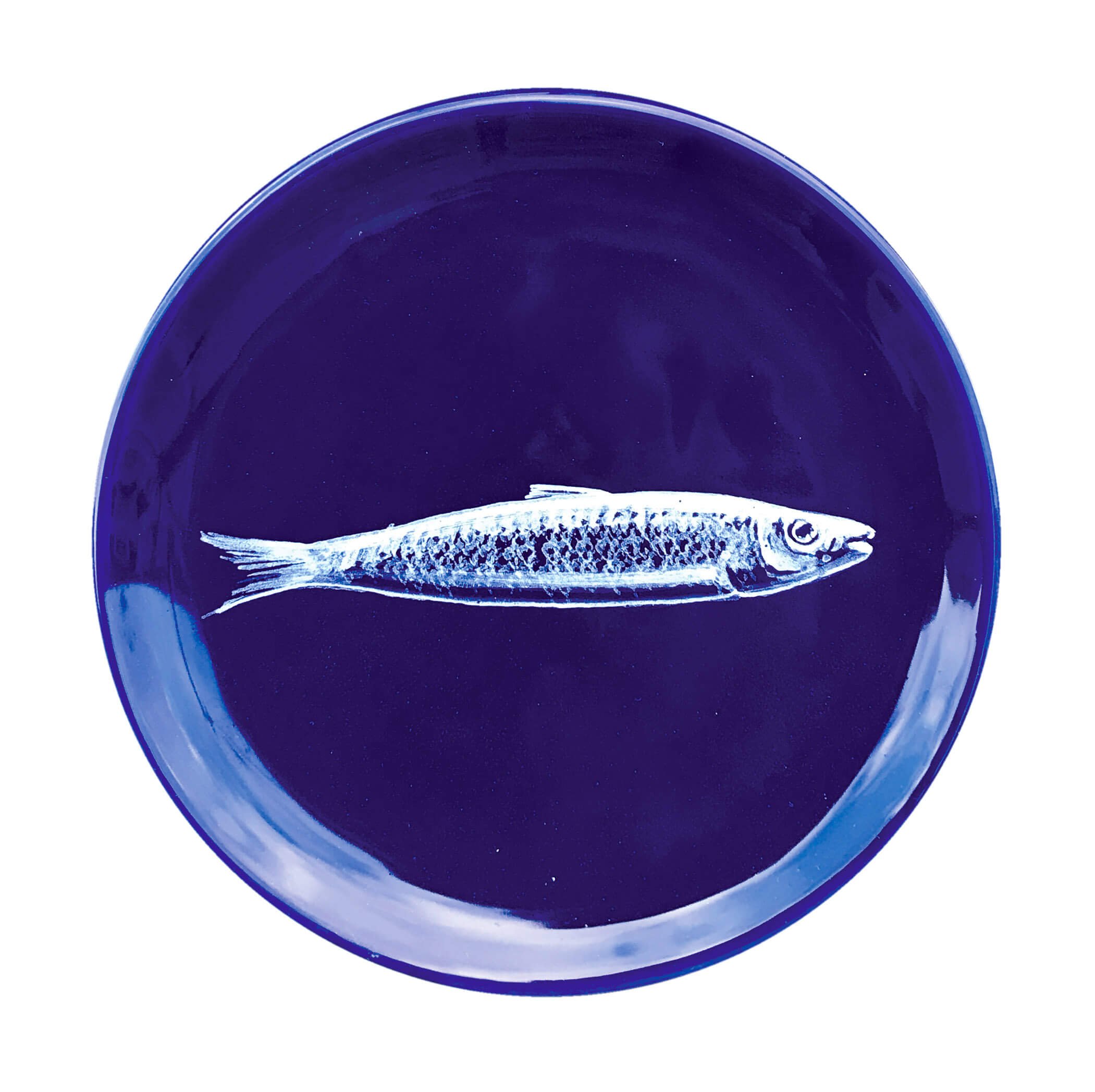 Cobalt blue plate with white sardine design