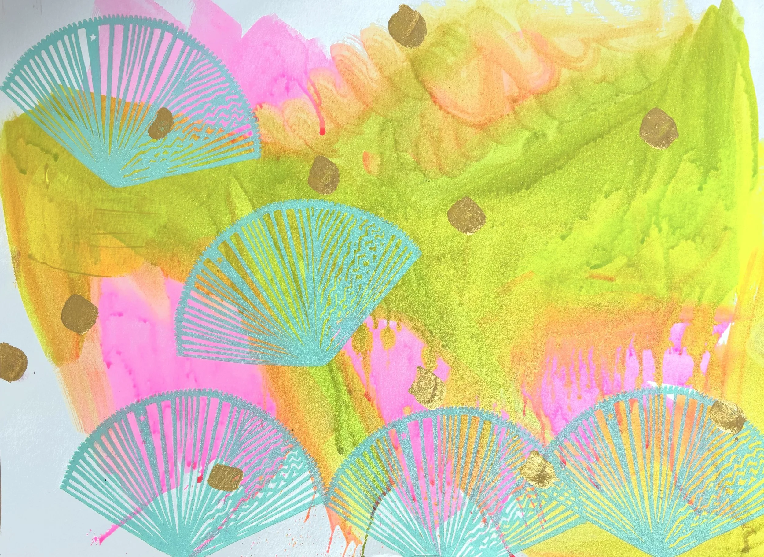 Aqueous, 12 in x 16 in painting and woodcut on paper