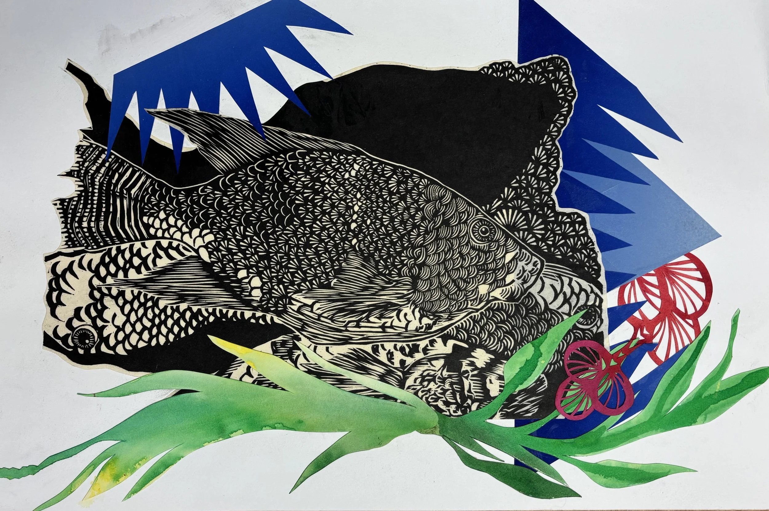Fishing, 12 in x 16 in woodcut print collage on paper