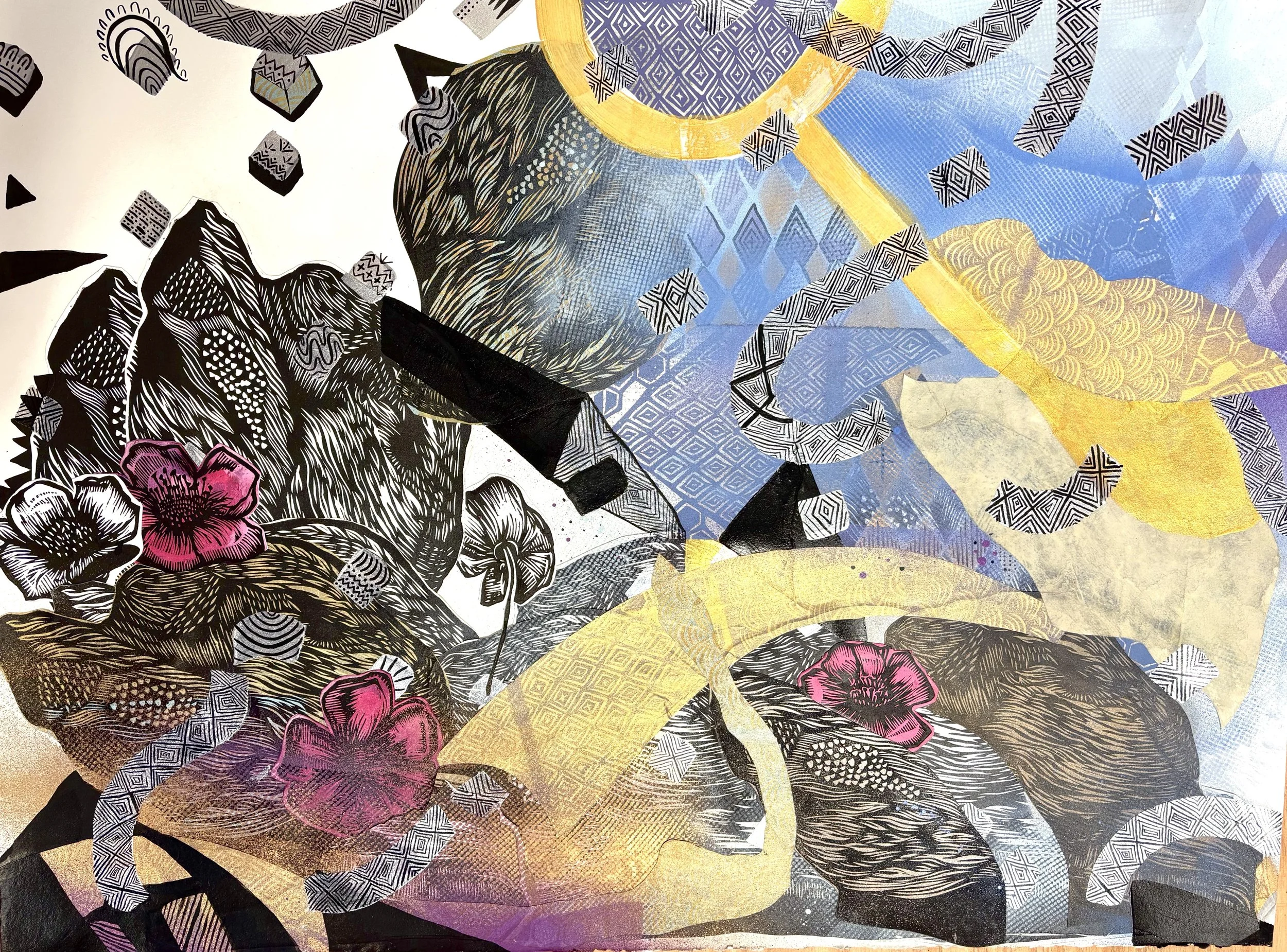 Natural, 20 in x 30 in woodcut printing, collage, painting on paper
