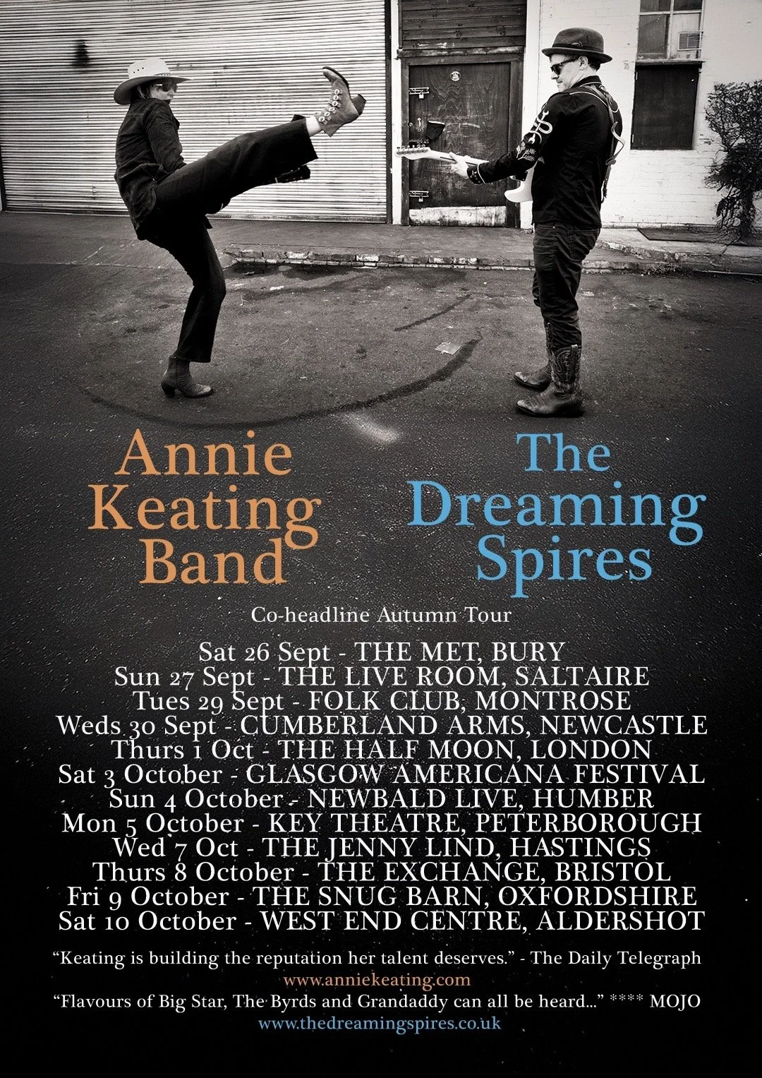 Black and white promotional poster of Annie Keating Band and The Dreaming Spires' co-headline autumn tour, featuring dates and venues across the UK, with a background image of a woman kicking a man playing a guitar on a street.