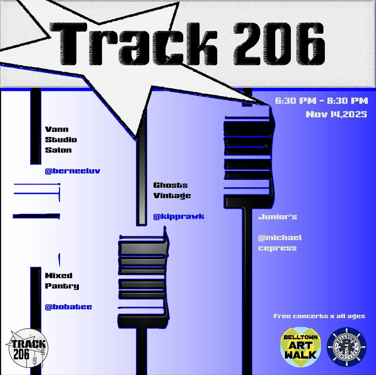 The new Track 206 program kicks off this Friday during the Belltown Art Walk! Enjoy our first free concert sets in this series:

⭐️ DJ @berneeluv at @vann.studio 
⭐️ DJ @bobatee at @mixed.pantry 
⭐️ DJ @kipprawk at @ghosts.seattle.vintage 
⭐️ Singer/