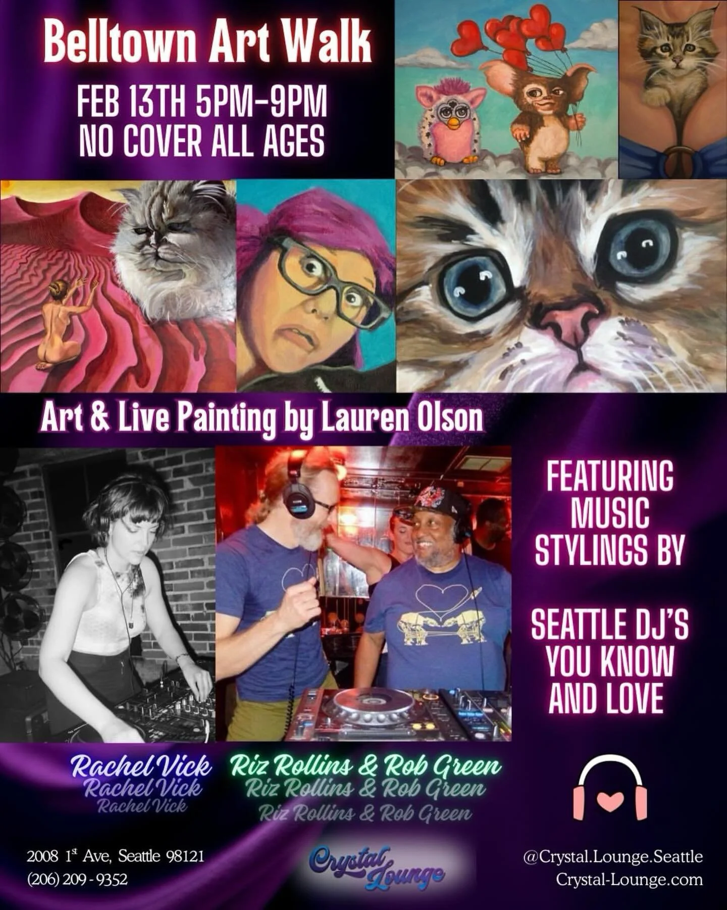 Get @reshare_app &bull; @crystal.lounge.seattle 

Join for our NO COVER Belltown Art Walk event. Get your groove on with renowned local DJs Rachel Vick, Riz Rollins, and Rob Green!
Our featured artist is Lauren Olson, and she will be live painting th