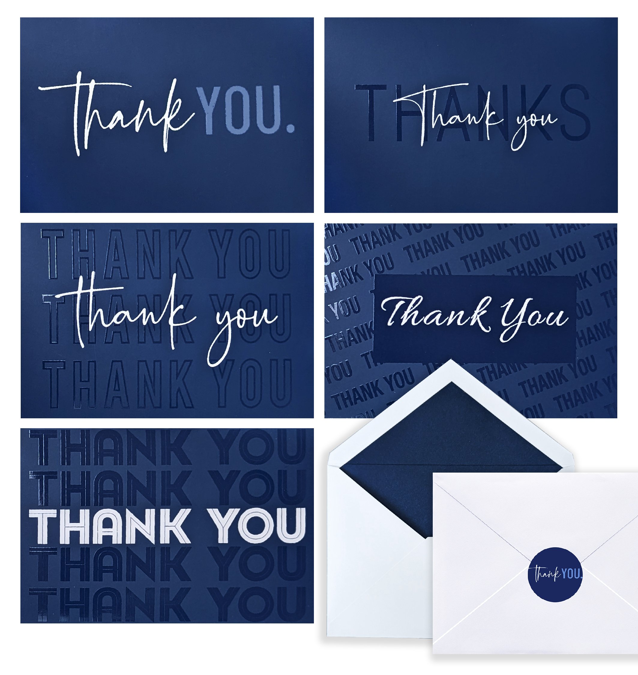 100 Thank You Cards with Envelopes and Stickers - 5 Unique Navy