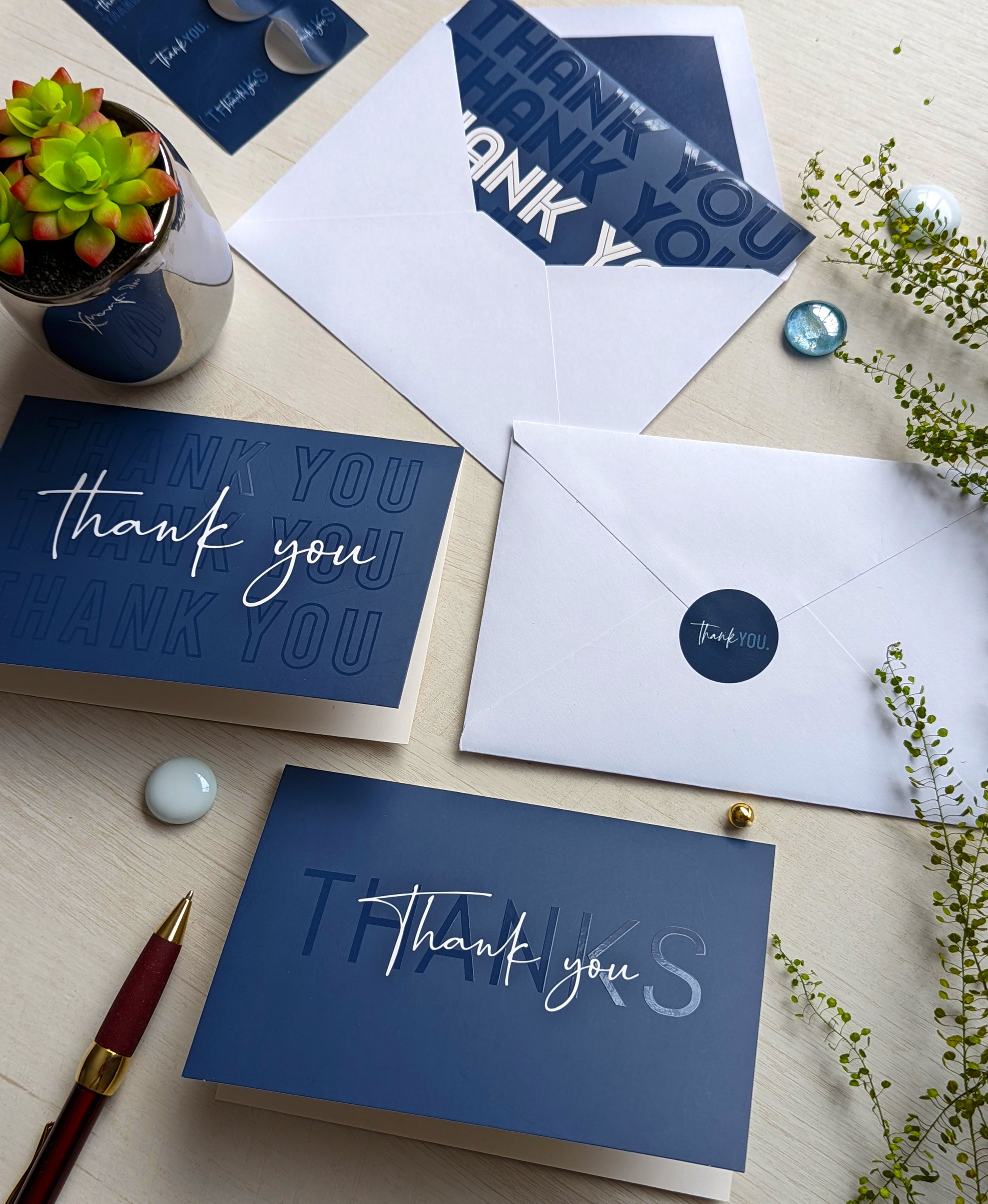 100 Thank You Cards with Envelopes and Stickers - 5 Unique Navy