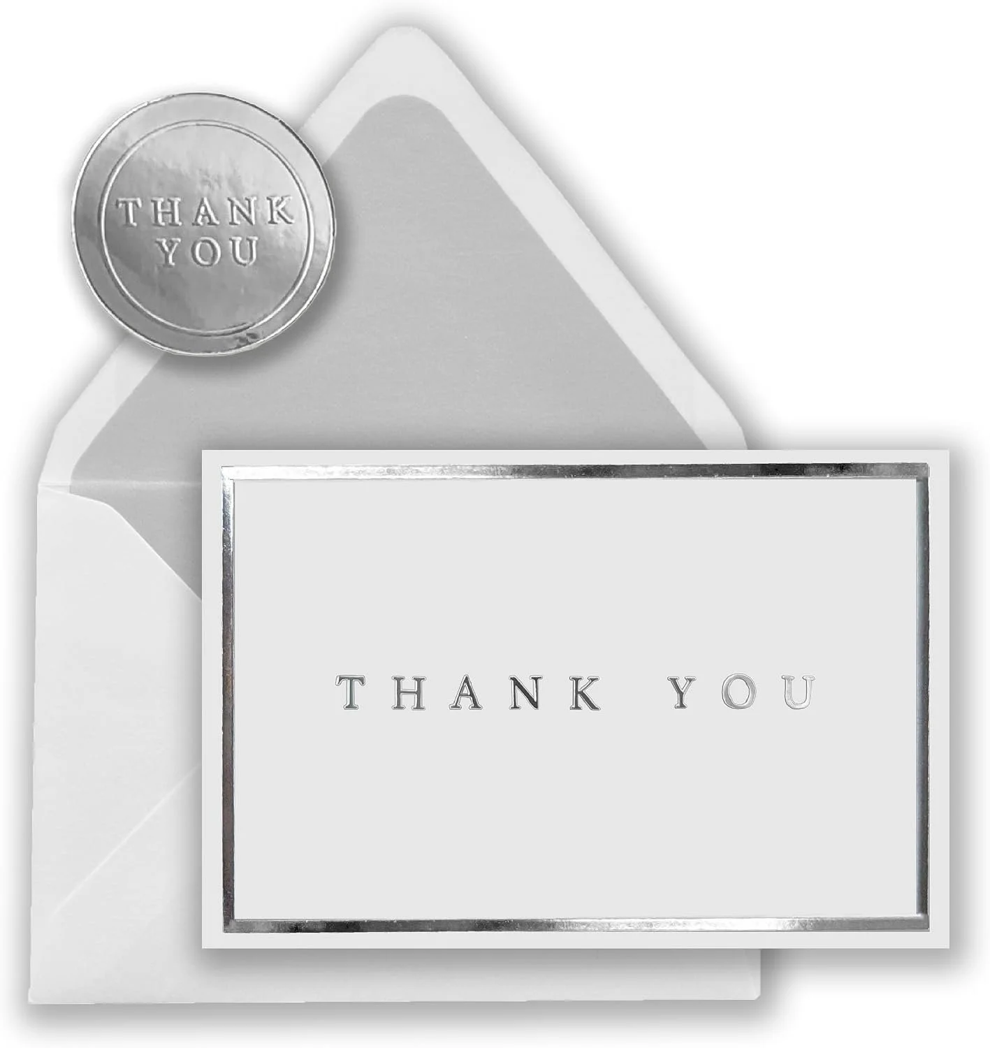100 Thank you cards with envelopes and stickers, Silver Foil Stamping