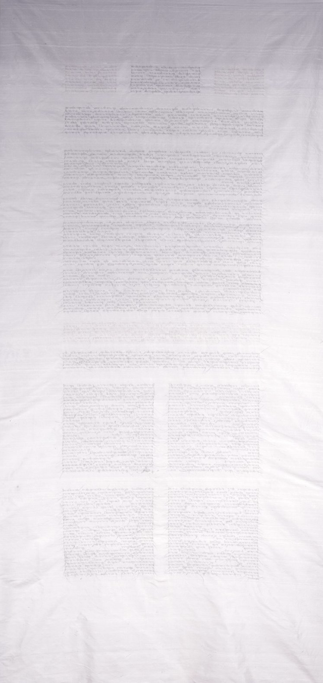 "Declaration," 2002, artist's hair on silk panel, 82"x 45"