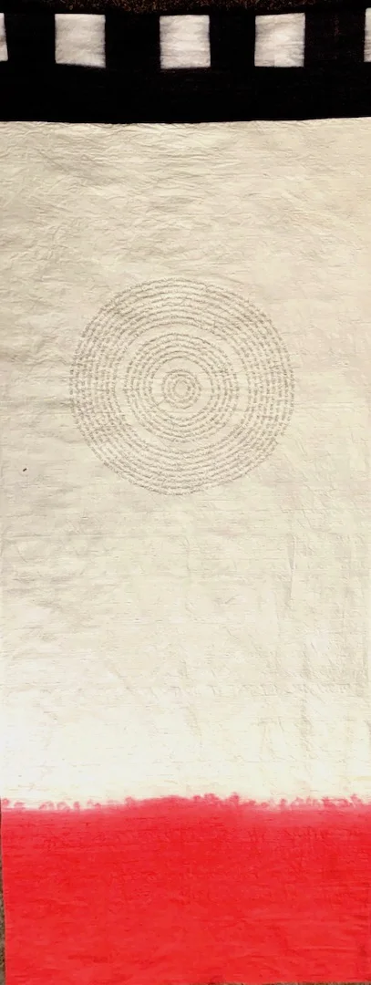 "Banner/1," 2014, artist's hair, hand dyed silk, 74"x26"