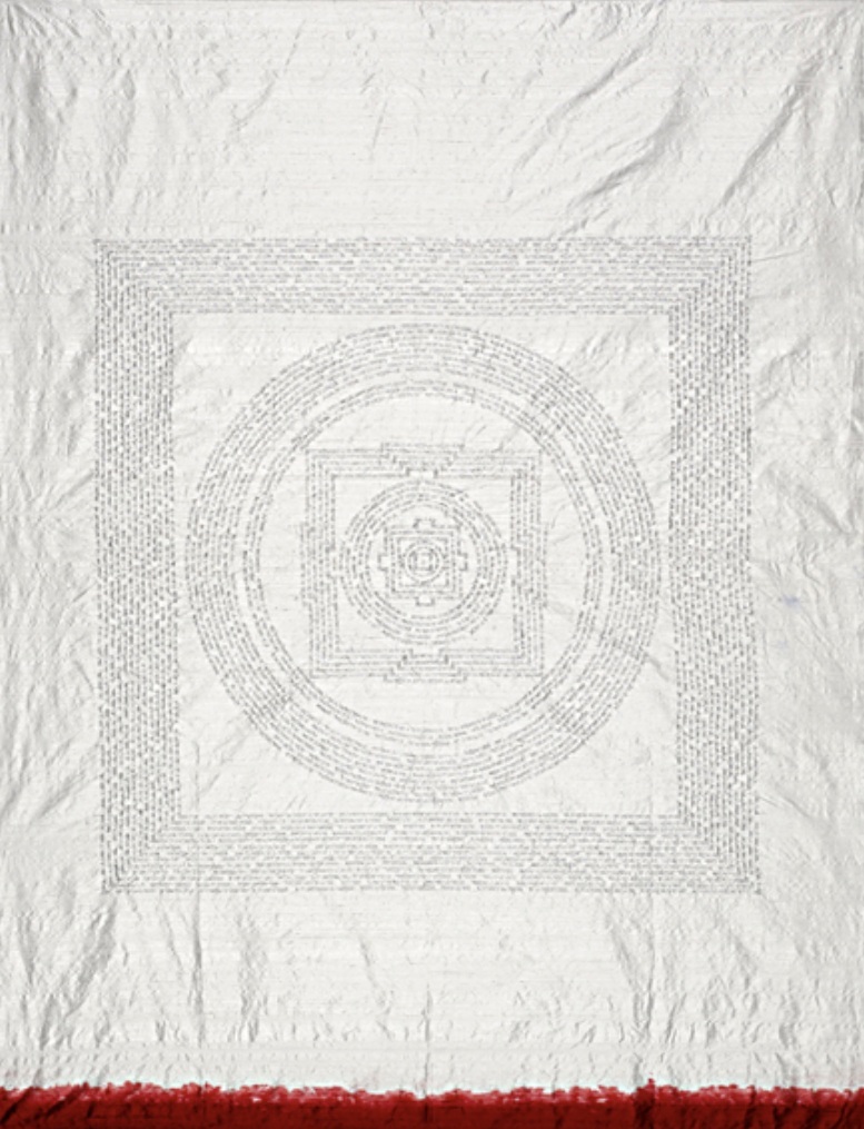 "Red Line Mandala," 2015, artist's hair, dye, silk panel, 54"x45"