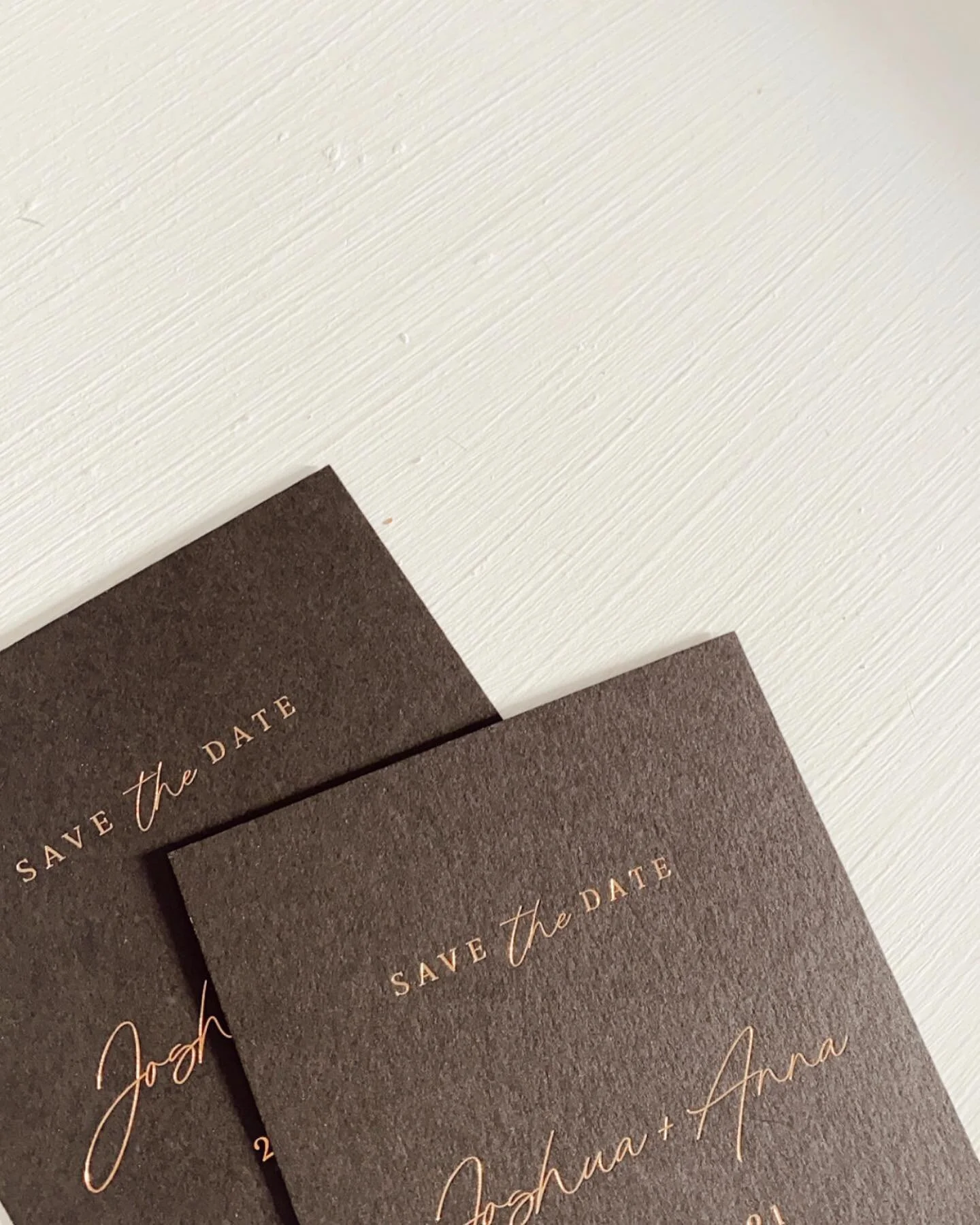 SAVE THE DATE ✨ ⁣
⁣
With all the 2020 postponements, wedding dates from 2021-2022 are already filling up fast. If you&rsquo;re a newly-engaged couple in the early stages of wedding planning, not only should you be booking in your dream wedding vendors now, we strongly encourage you to organise your save the date invitations ASAP to ensure your guests lock in your wedding date. ⁣
⁣
Pictured here is our Azalea save the date printed with rose gold foil on black 🖤 You can view more of our designs in our semi-custom collection on our website, or request a bespoke order ✨