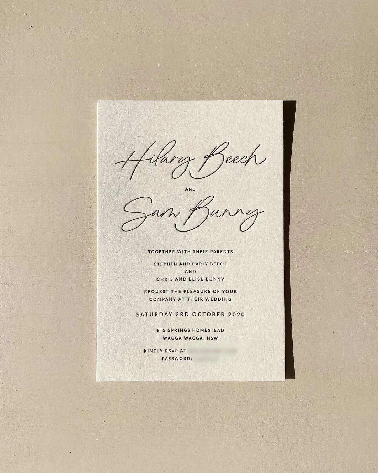 Hilary + Sam 🤍 slate grey letterpress on almond 300gsm