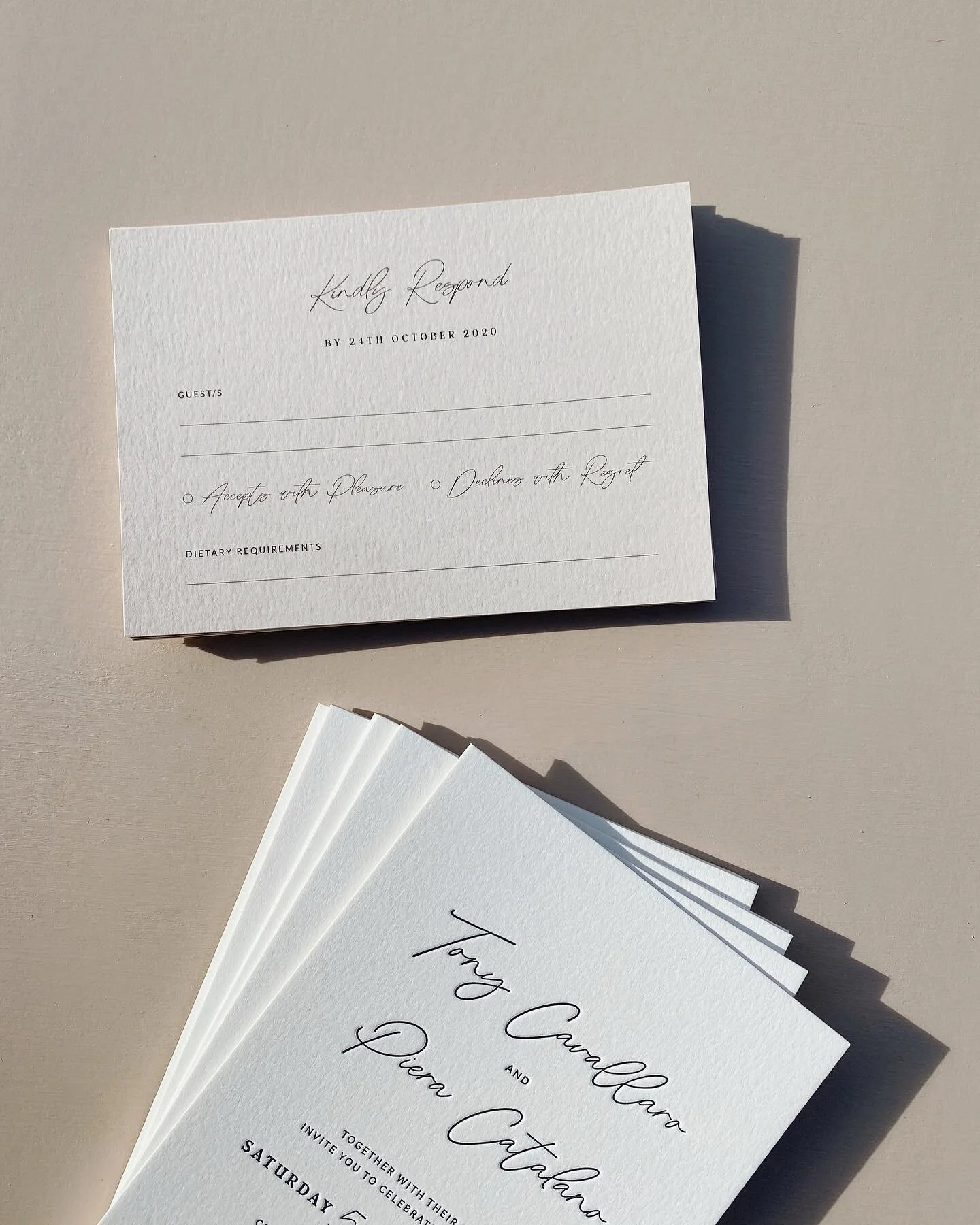 Letterpress on cotton ivory 600gsm with almond reply cards 🕊
