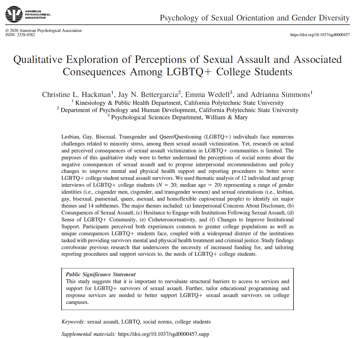 Qualitative Exploration of Perceptions of Sexual Assault and Associated Consequences Among LGBTQ+ College Students