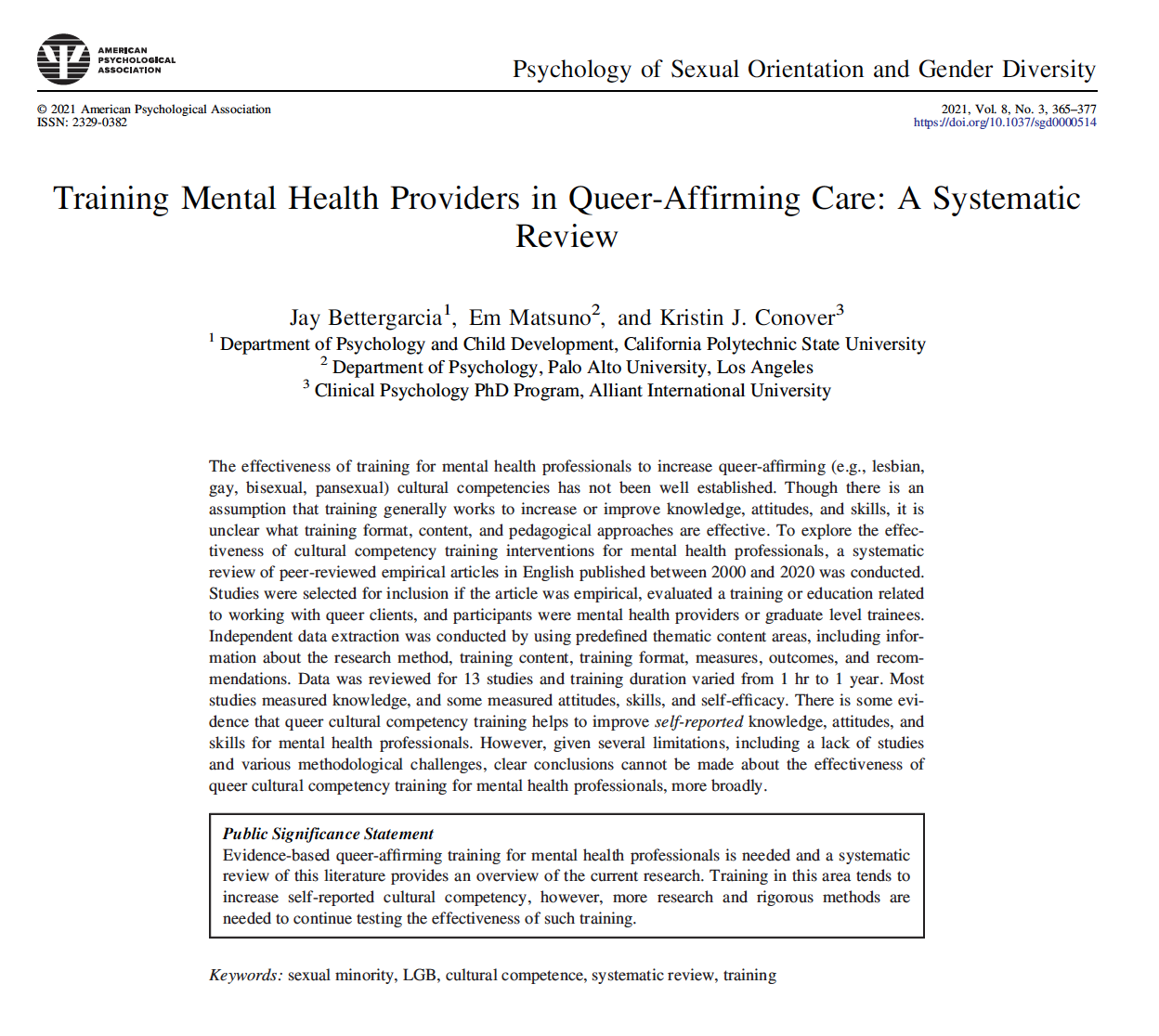 Training Mental Health Providers in Queer-Affirming Care: A Systematic Review