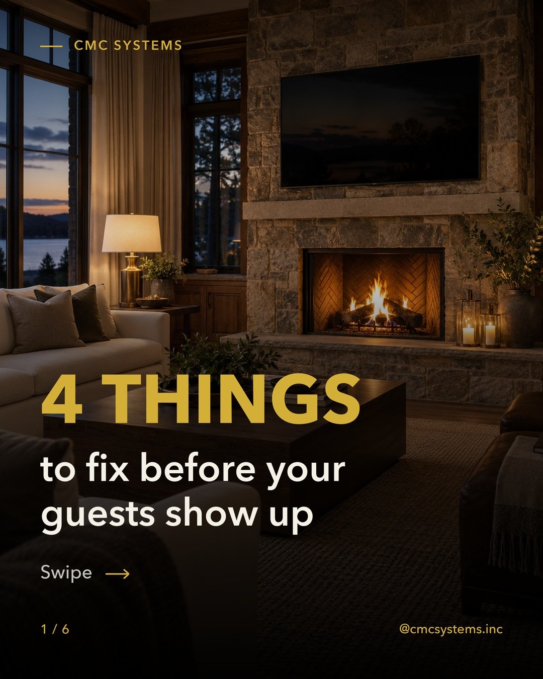 Guests are coming. Here's what we fix most this time of year.

WiFi that reaches every room. One remote for the TV. Music in the kitchen. Lights that set themselves.

One visit. Everything just works.

Call CMC Systems for a free consult.
(617) 322-4