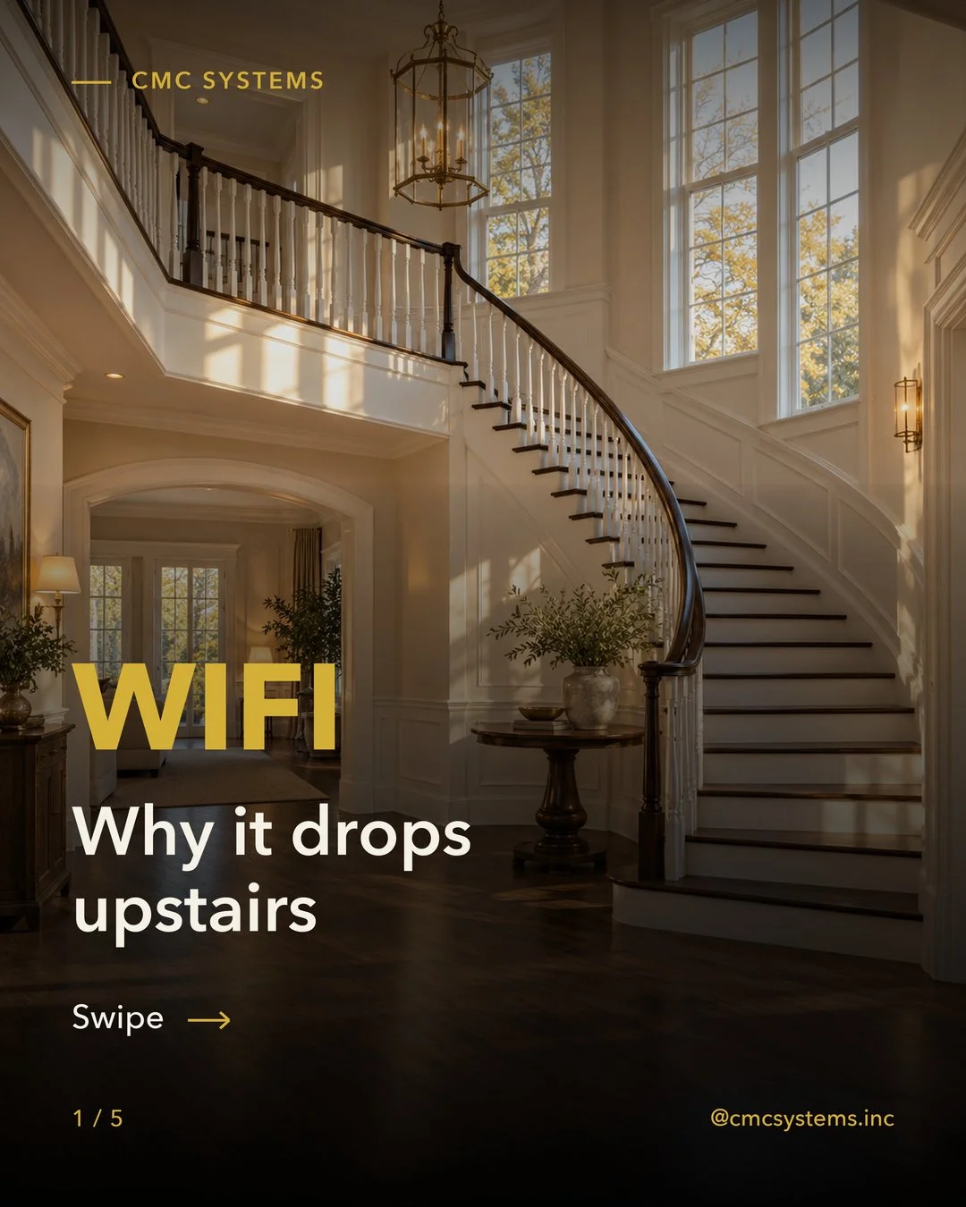 WiFi drops upstairs? Here's why.

The cable company left one router in the basement. Brick, stone and plaster block the rest.

The fix is small access points in the ceiling. Every room gets full signal, even the yard.

Call CMC Systems for a free con