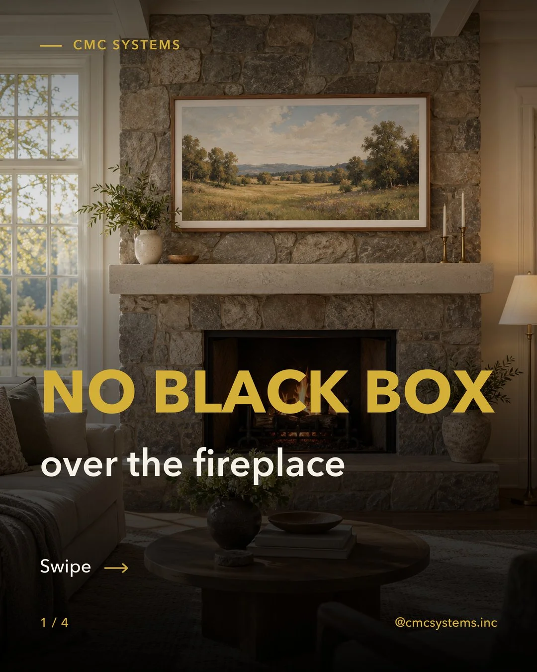 No black box over the fireplace.

A Frame TV looks like real art when it's off and a TV when it's on. We mount it on brick, stone or plaster and hide every cable.

Call CMC Systems for a free consult. (617) 322-4485

#needham #wellesley #newton #bost