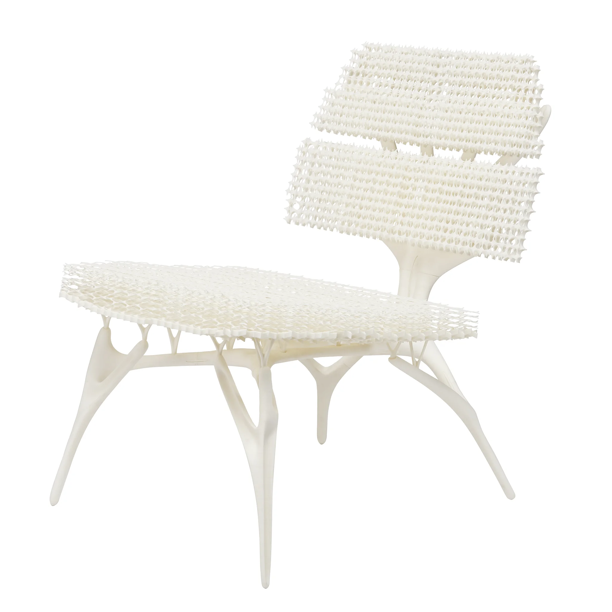 Lilian van Daal: Radiolaria #1 Radiolaria #1 is a real size 3D printed chair made out of one single material that incorporates all functionalities: flexibility, adaptability, firmness, and stability. With Radiolaria #1, Lilian van Daal continues her quest to improve, adjust and innovate the production of soft-seating by making use of nature’s laws. In this project design, nature and the newest technology come together to use energy and material in the most efficient way. This result is a chair constructed without glue out of a single material: recycled polyamide (PA 12), provided by Oceanz 3D printing. https://www.lilianvandaal.com/