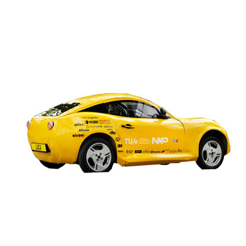 TU/ECOMOTIVE: CAR LUCALuca is an electrically powered car made by students of Eindhoven University of Technology. Composed almost entirely of household waste, used PET bottles and ocean plastic, combined with fibers from flax and coconuts. Luca weig…