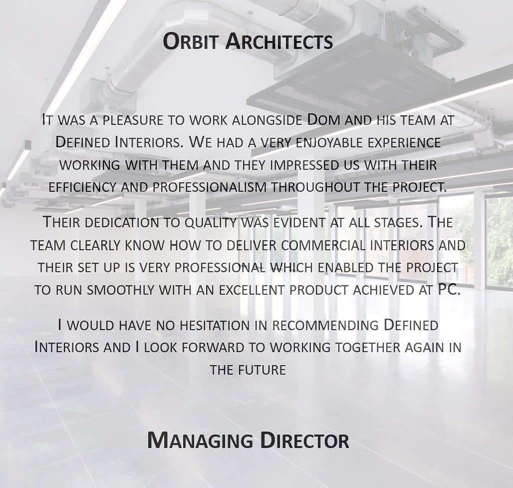 T E S T I M O N I A L

Some lovely feedback from Orbit Architects, we worked together on our project at 405 Kennington Road&hellip;..

Website: www.definedinteriors.co.uk
Instagram: @defined.interiors
#definedinteriors
#redefiningofficefitout
#archit