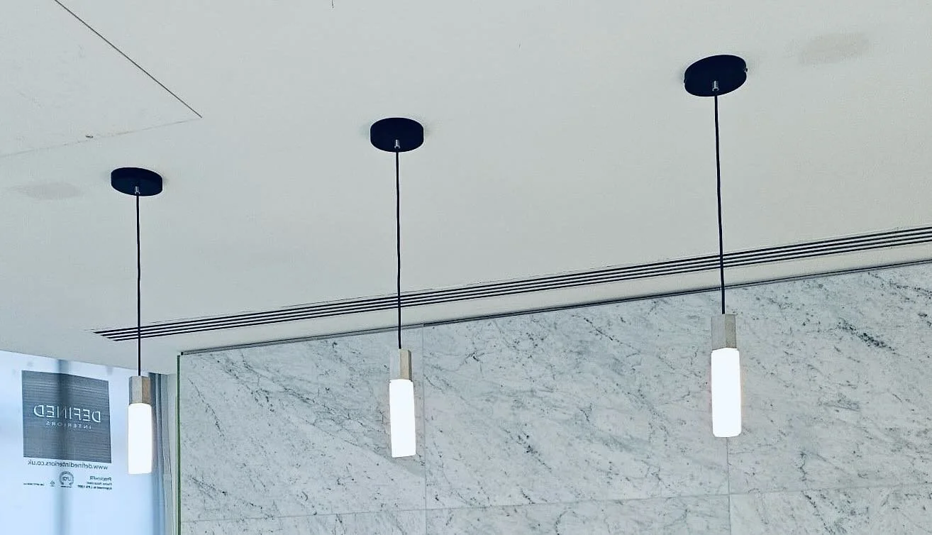 S N E A K  P E E K

A first look at some of our lighting installations at Augustine House, Austin Friars.
 
We&rsquo;re bringing a touch of drama with the stainless steel Basalt Single Pendant,  a perfect example of how statement lighting can complet