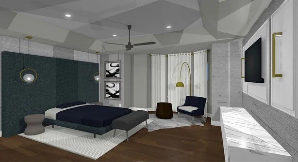 CONCEPTUAL DESIGN | Identifies function + form to inform the client of the experience of the space. 
⠀⠀⠀⠀⠀⠀⠀⠀⠀
Modern Master Bedroom Design featuring
+ Cozy Corner 
+ Dry Bar
+ Vanity Areas with Storage
+ Walk in Closet