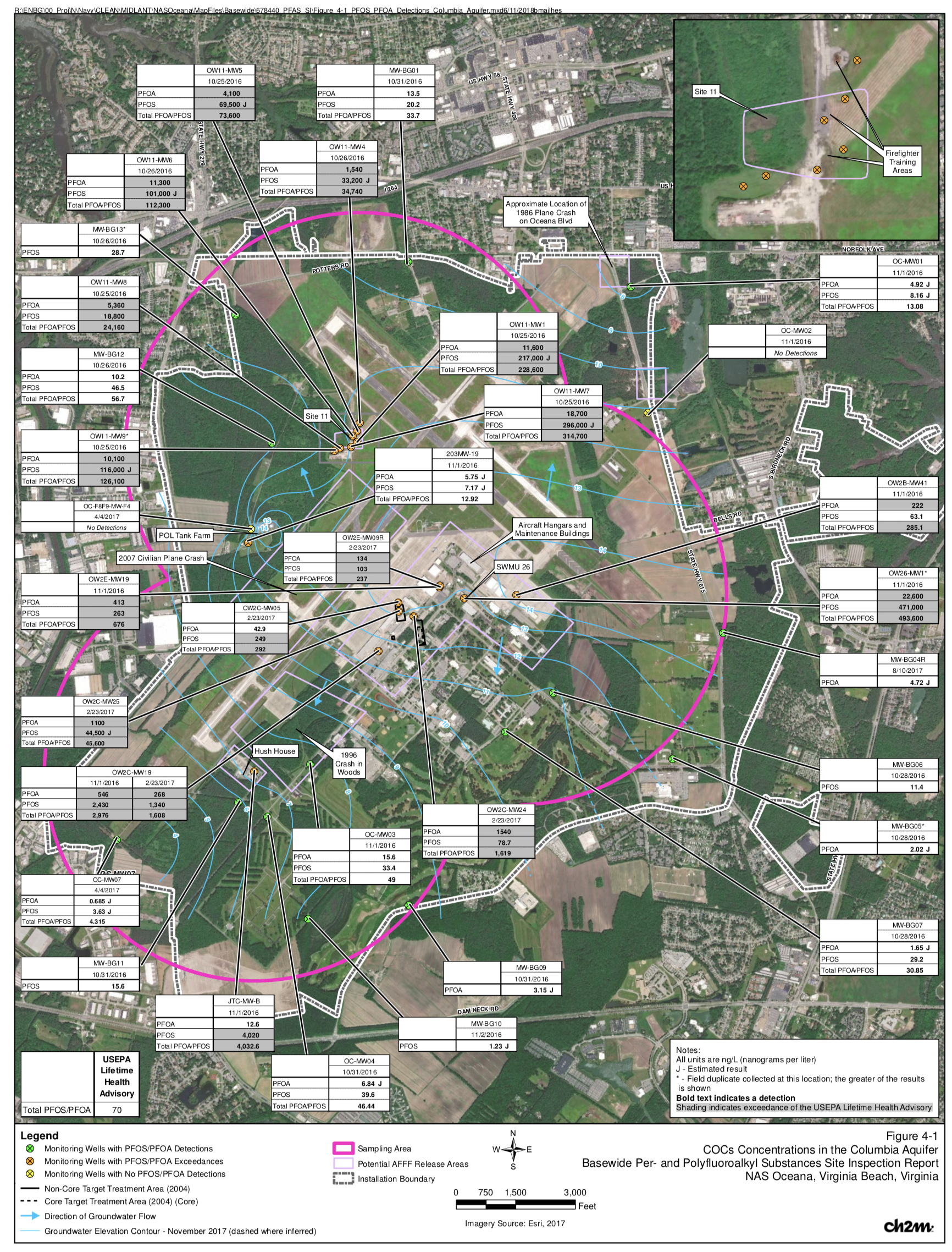 Map of Oceana Naval Air Station showing the location of monitoring wells and the results from testing those wells for PFAS contamination.