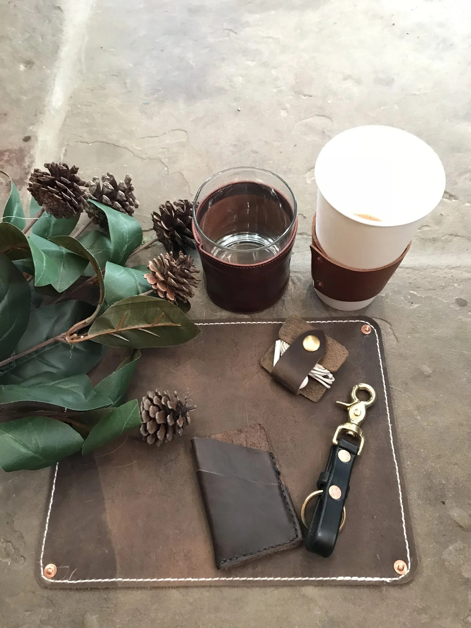 Desk+scene+-+men+bourban+glass,+coffee+sleeve,+earbud+wrap,+card+case,+keychain,mousepad.jpg