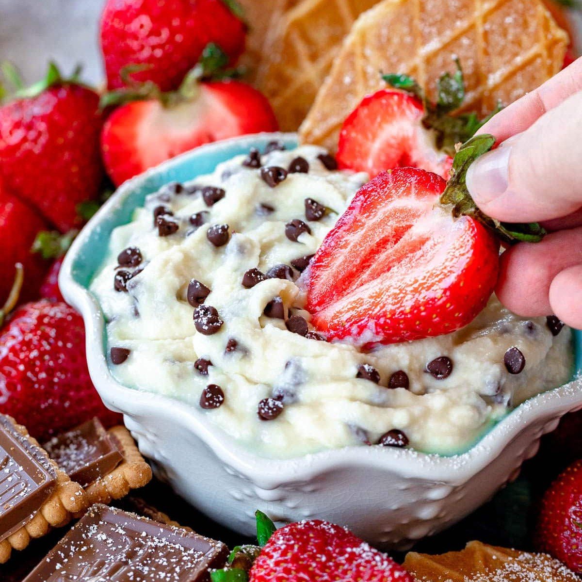 Cannoli Dip with Strawberries & Chocolate Covered Pretzels
