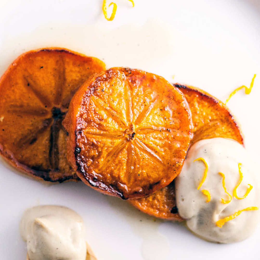 Grilled Persimmons with Mascarpone and Candied Ginger