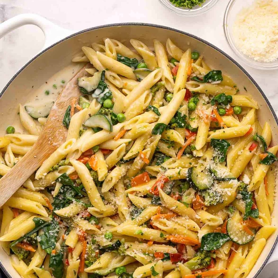 Roasted Pasta Primavera with Alfredo Sauce