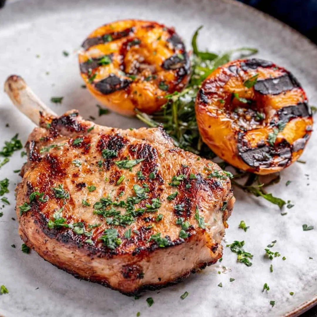 Brined Pork Chops with Grilled Peaches