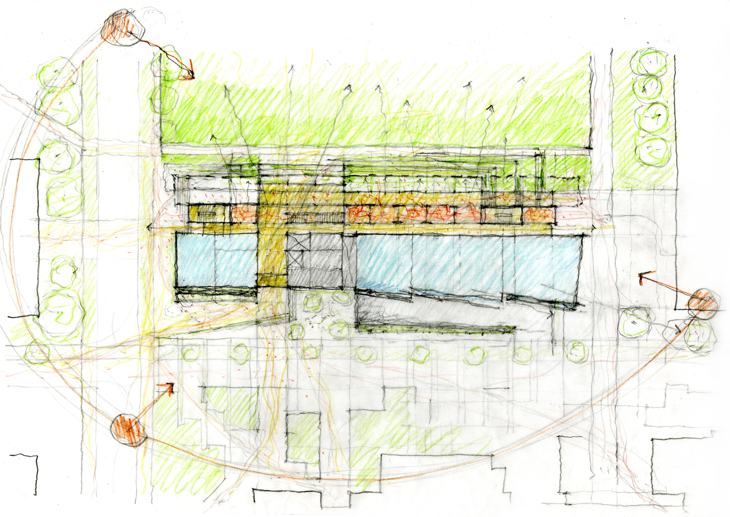  Concept sketch showing programmatic organization and connection to landscape. The CoorsTek Center for Applied Sciences, Colorado School of Mines in Golden, Colorado. Completed while working for Bohlin Cywinski Jackson. 