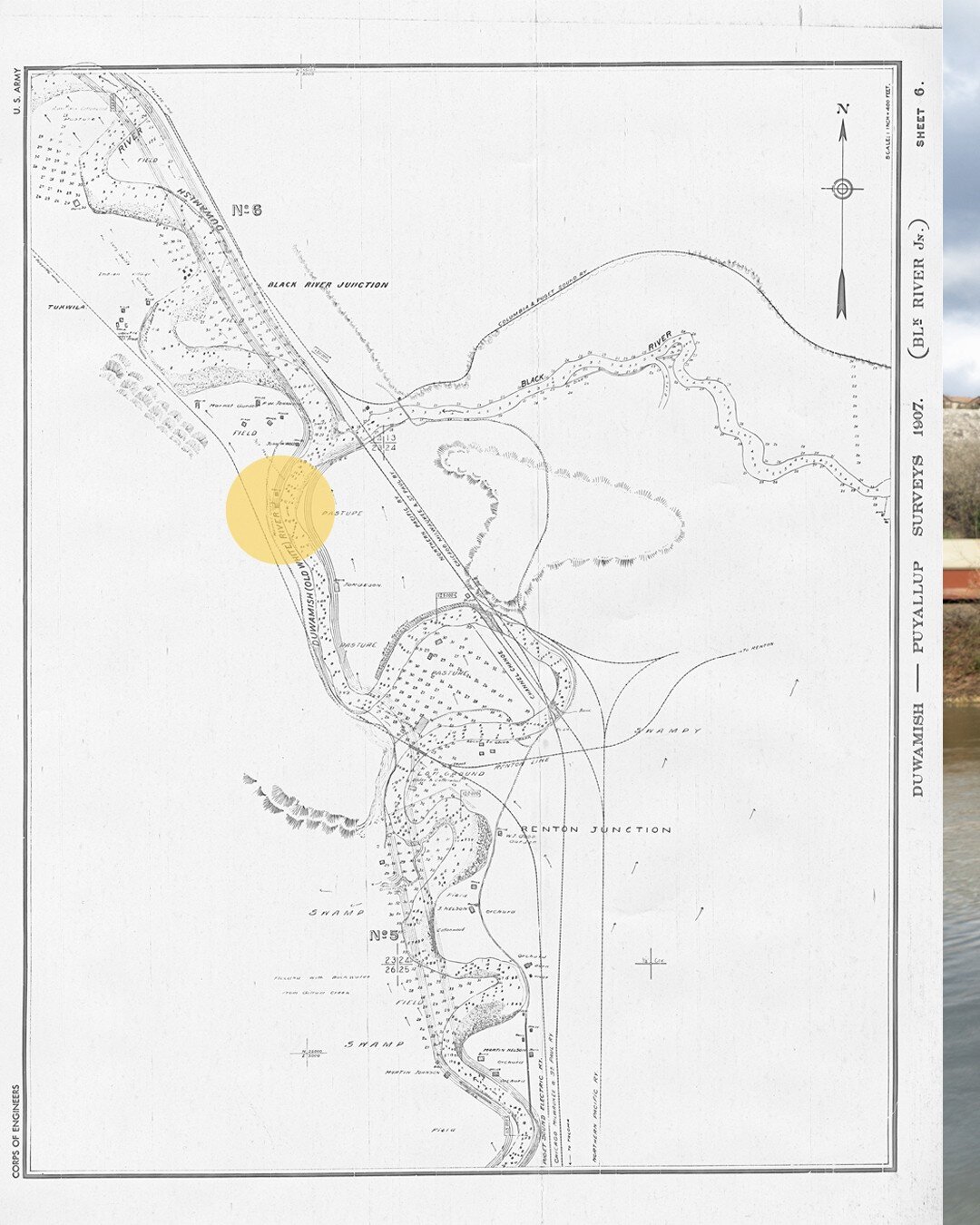 This place has at least two translated names: Confluence of Waters / Meeting of Rivers. Prior to 1916, the now extinct Black River fed a 1,120 square mile watershed to the Duwamish at this confluence. Today it pulls 25 square miles of drainage and ru