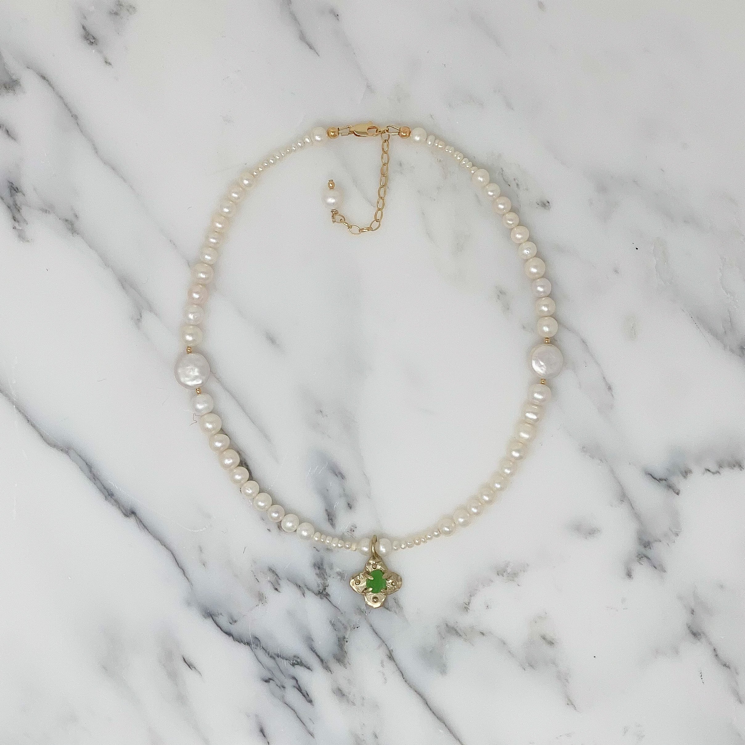 retrace green glass cross and pearl necklace.JPG