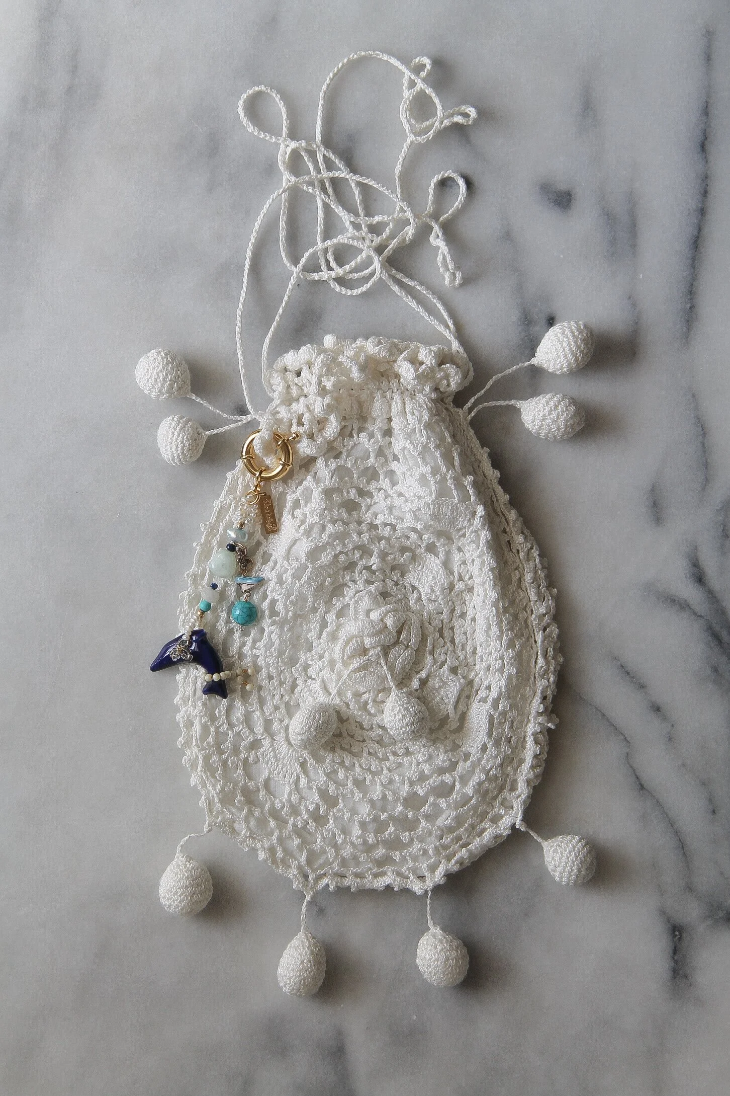 edwardian pom-pom crochet purse w. one-of-a-kind e.h. charm