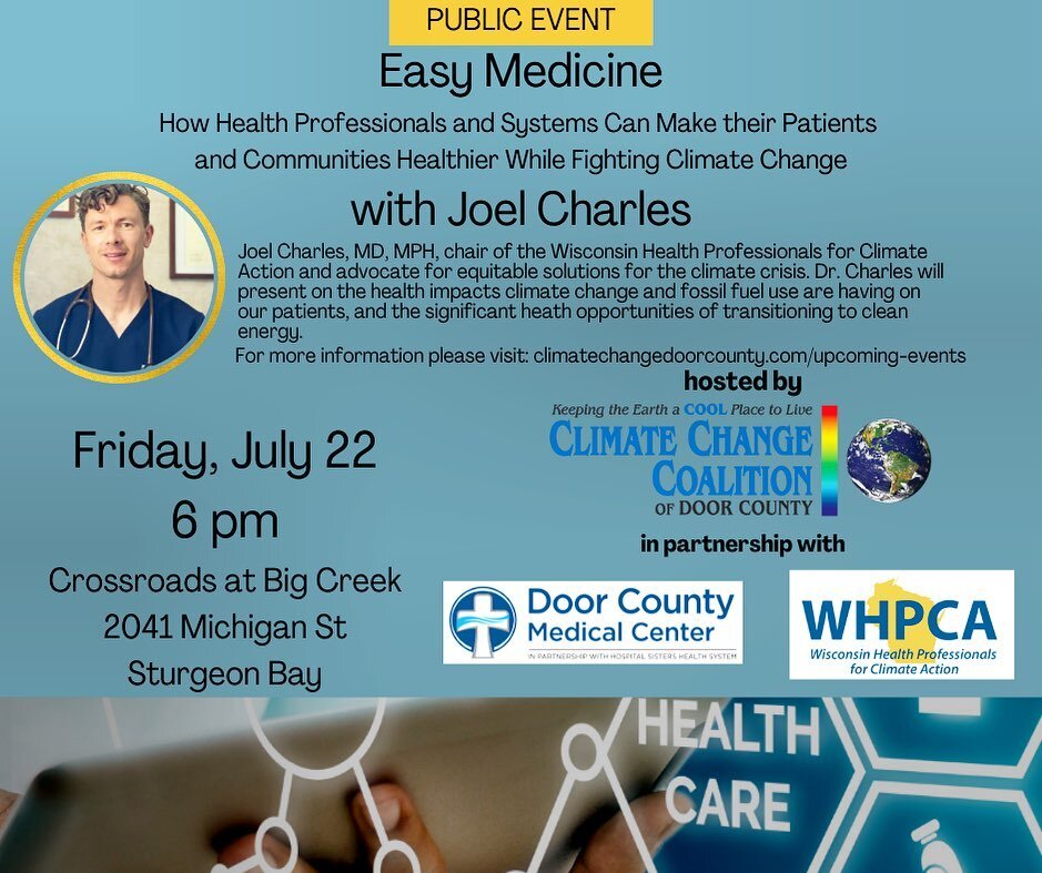 Tonight! 
Joel Charles, M.D., will discuss climate change&rsquo;s impacts on human health and the role of health professionals in addressing it at 6 pm tonight. 

His talk, titled &ldquo;Good Medicine: How Health Professionals and Systems Can Make Th