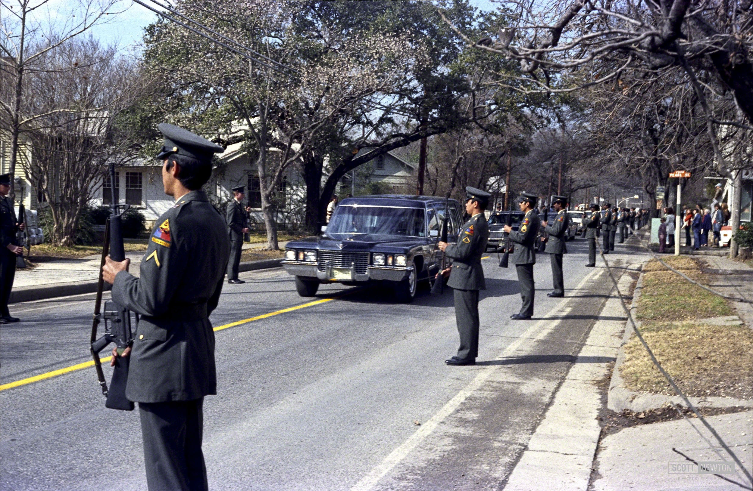 LBJ's hearse moves down 29th Street 1973