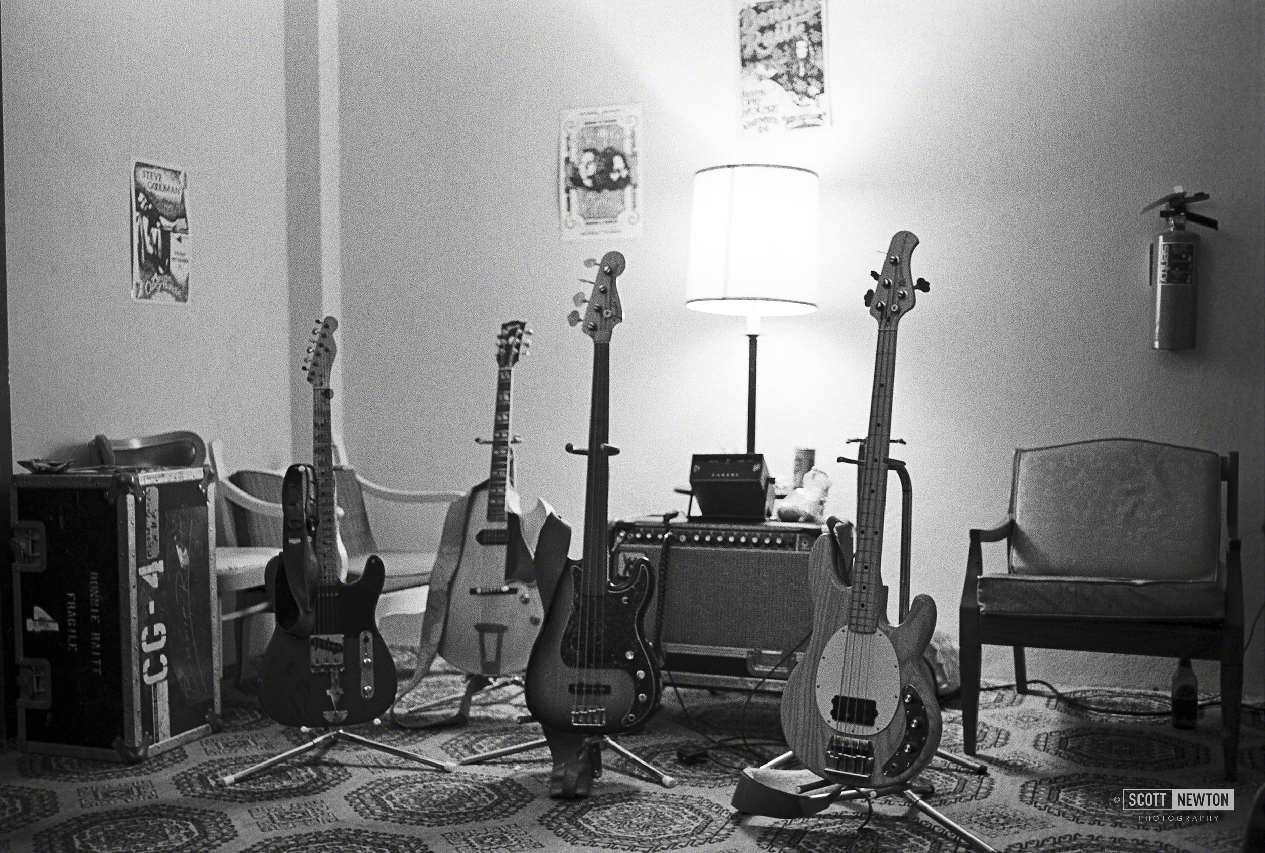 Bonnie Raitt's band's guitars. Backstage @ The Austin Opera House 1977