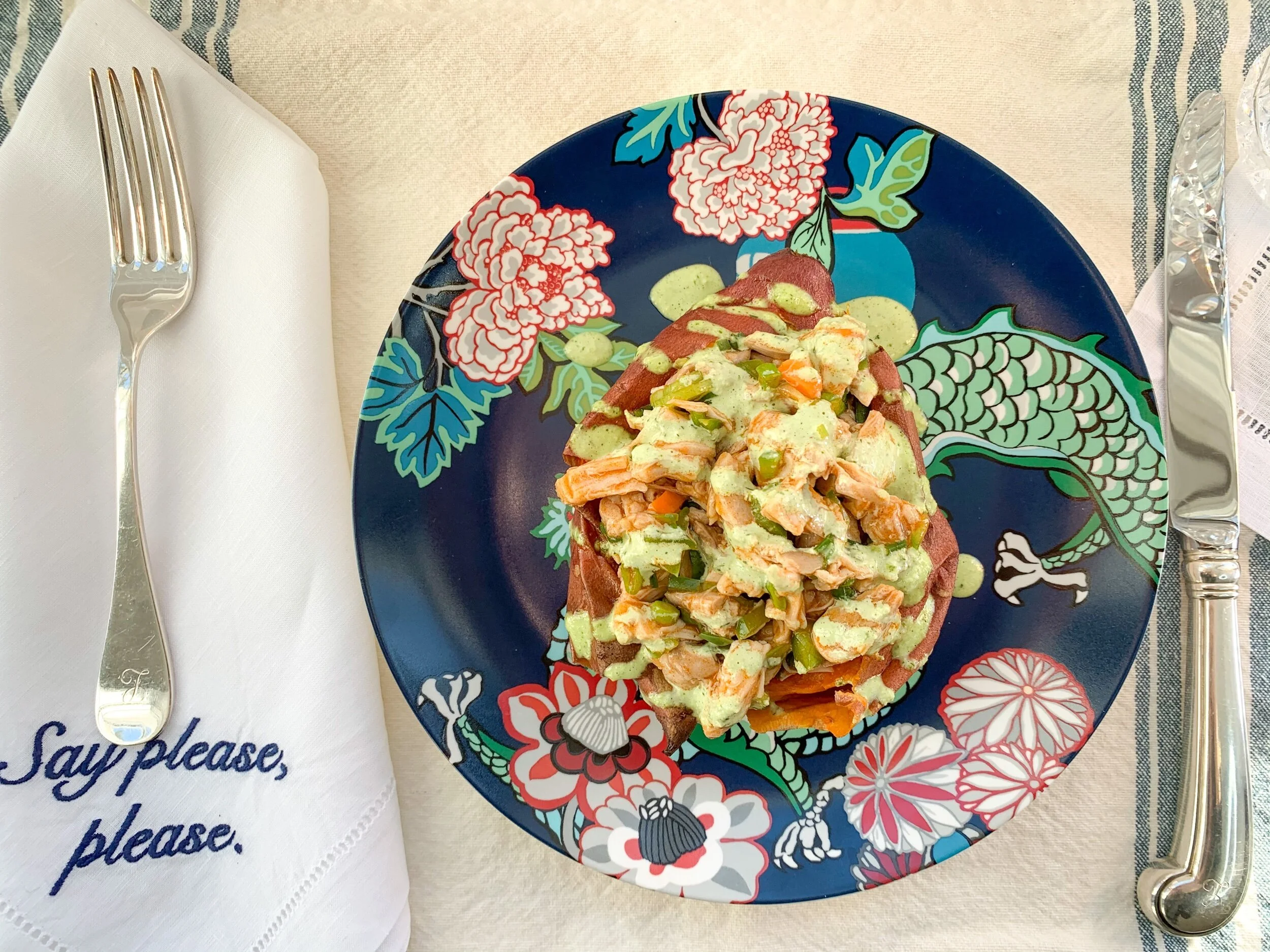 Whole 30 Buffalo Chicken Sweet Potatoes with Veggie Ranch