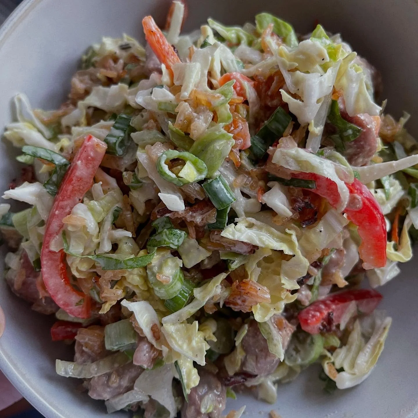 Ginger Sesame Lime Dressing, recipe by request&hellip; You can make any Asian-inspired salad super delicious with this dressing. This Napa cabbage slaw has teriyaki chicken, red bell pepper, crispy rice, green onion, cilantro, and the best dressing e