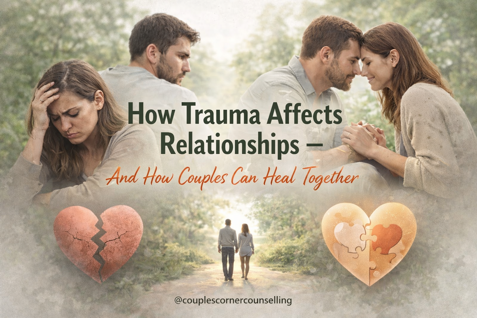 Couple navigating relationship challenges and healing together, showing emotional distance and reconnection in a calm natural setting, representing how trauma affects relationships and recovery through couples counselling