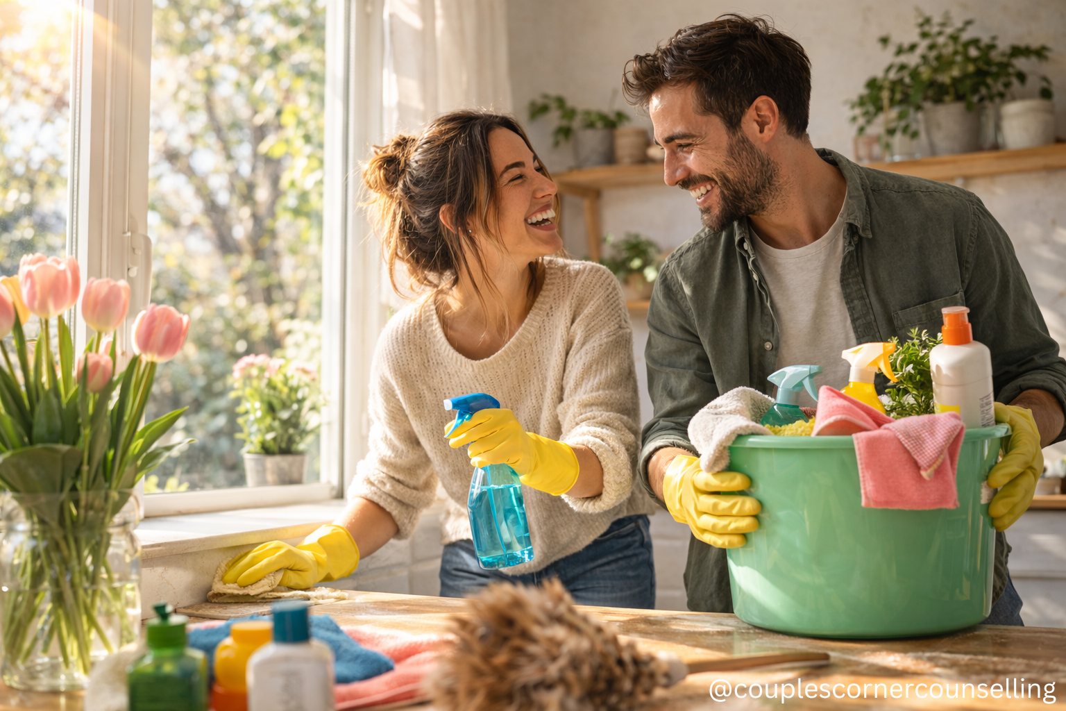 Couple cleaning their home together during spring, symbolizing refreshing communication and connection in a relationship.png
