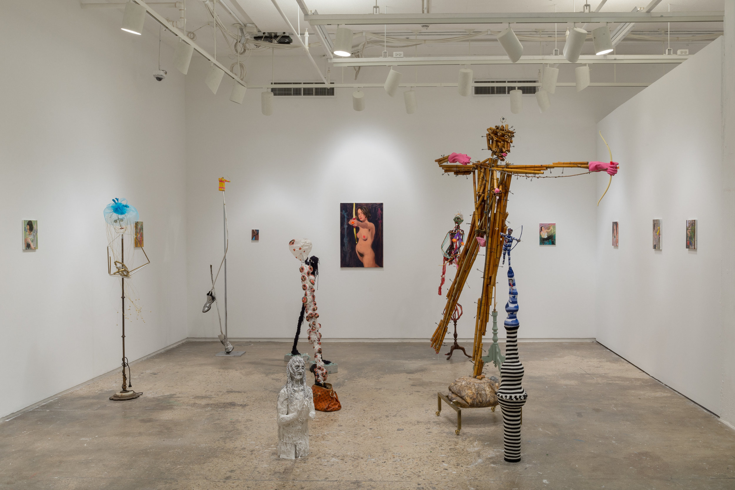  Installation view, Hunter College MFA thesis show, 205 Hudson Street, New York, New York.   All sculptures by Elizabeth Englander, all paintings by Jenna Gribbon.   May 9 to June 1, 2019. 