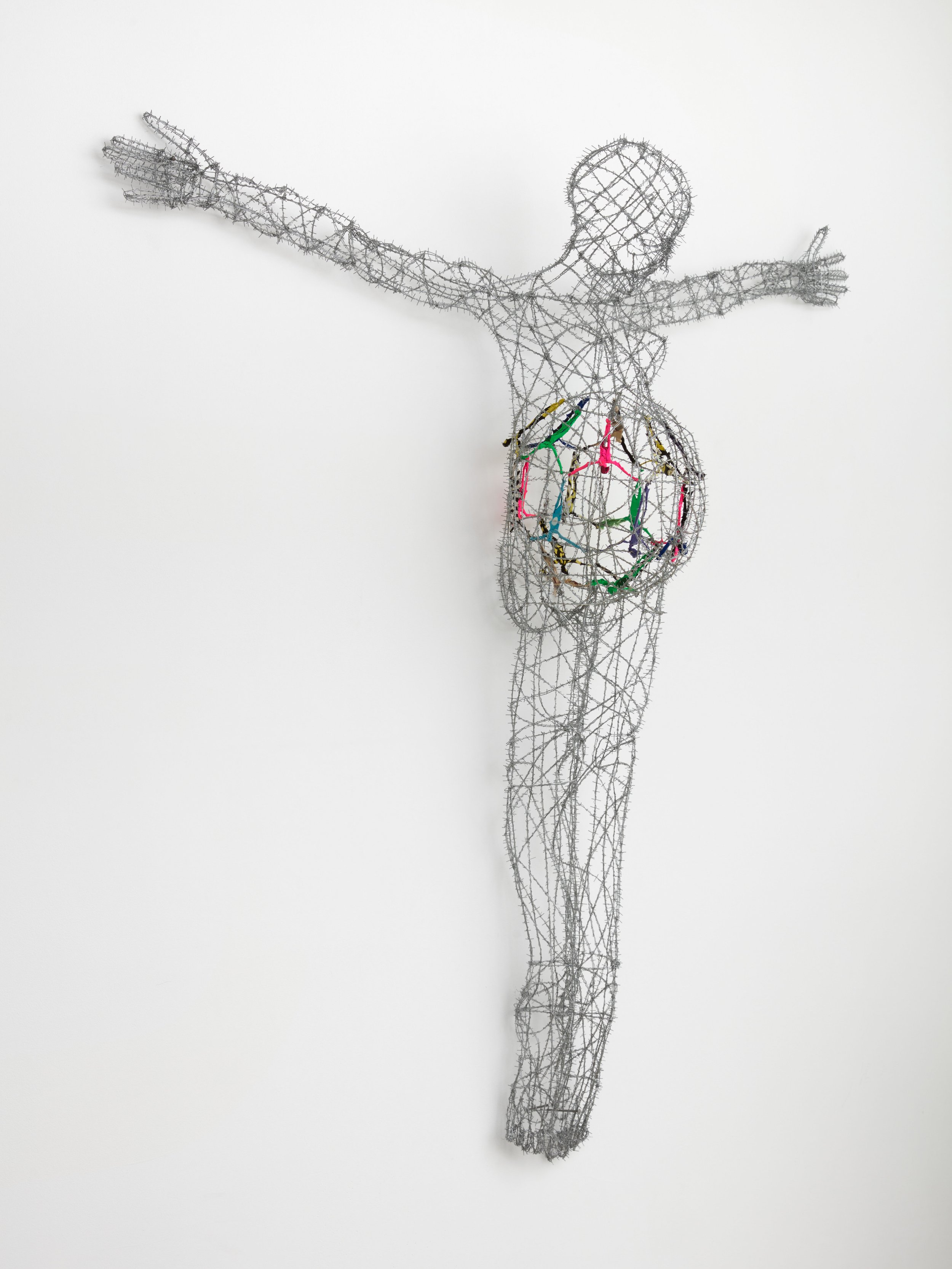   Bikini Crucifixion no. 18 , 2021. Old bathingsuits, steel, cotton thread. 66 x 64 x 14 in inches. 