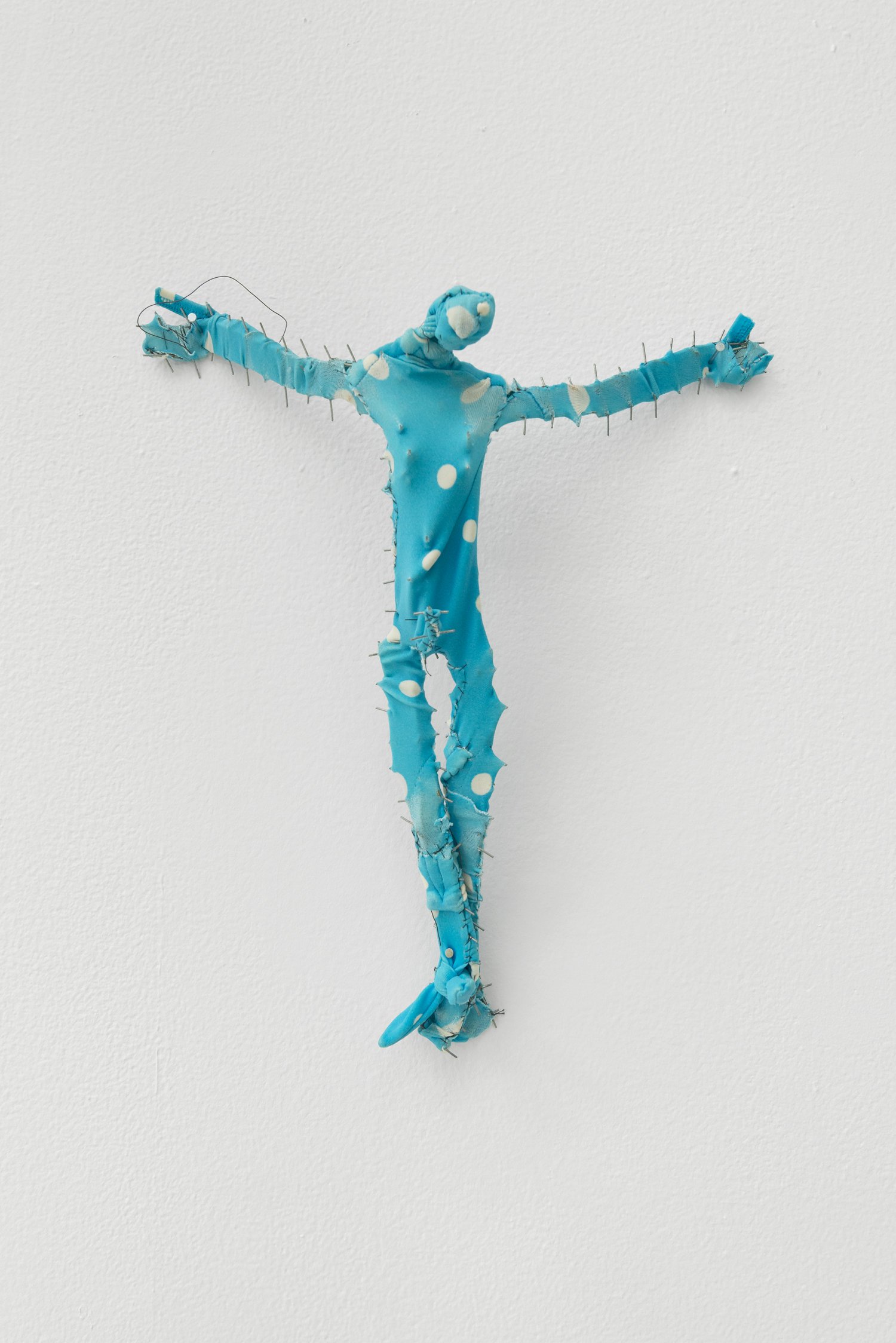   Bikini Crucifixion no. 5 , 2020. Old bathingsuits, steel, cotton thread. 13 x 12 x 3 inches. 