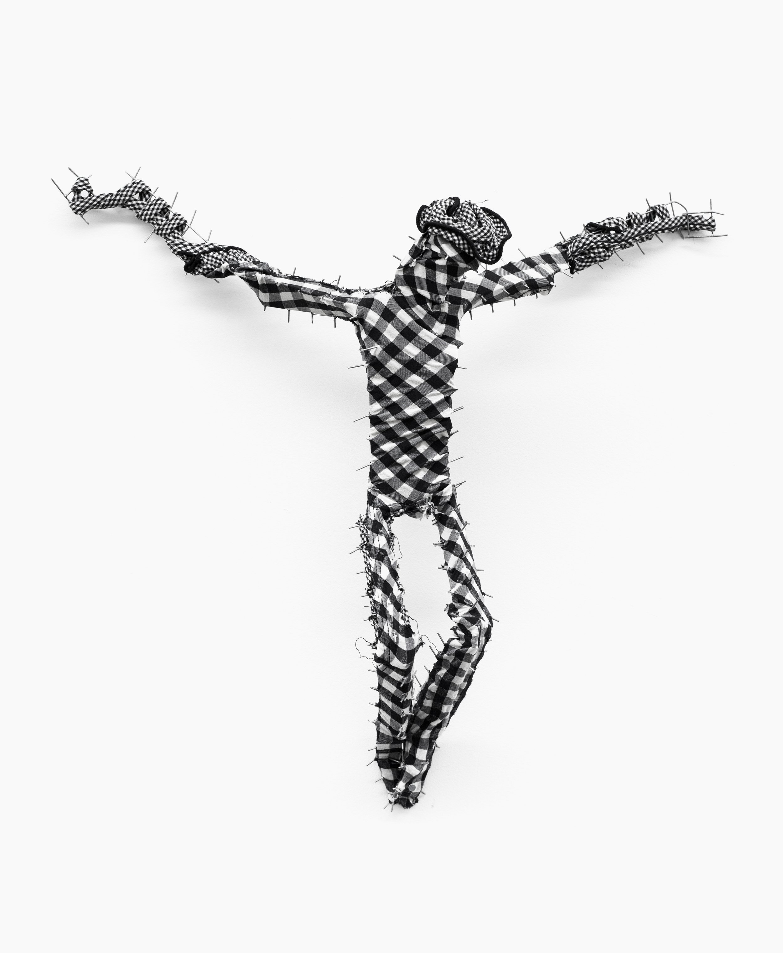   Bikini Crucifixion no. 8 , 2020. Old bathingsuits, steel, cotton thread. 13 x 13 x 3.5 inches. 