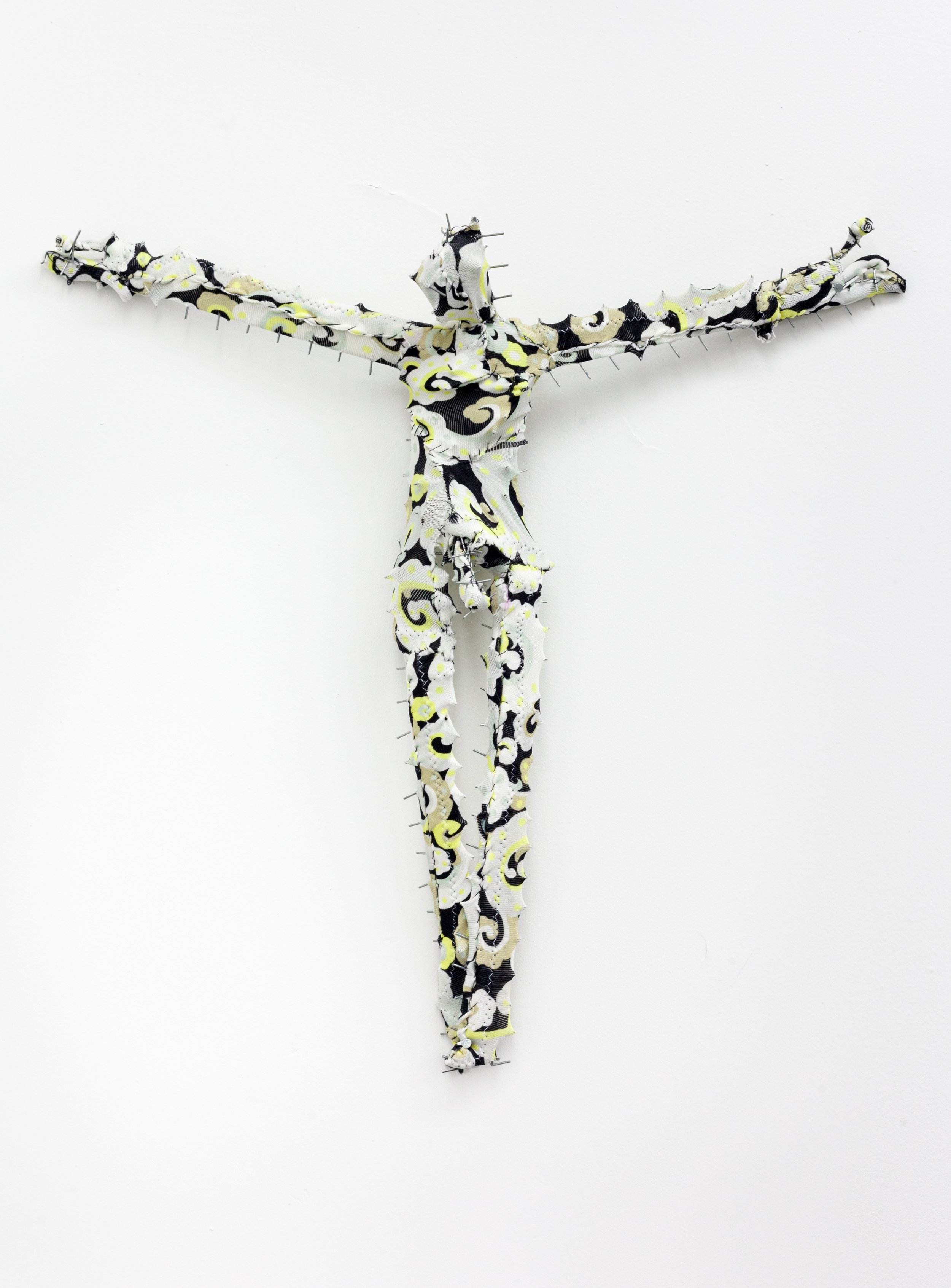   Bikini Crucifixion no. 12 , 2020. Old bathingsuits, steel, cotton thread. 14 x 14 x 3 inches. 