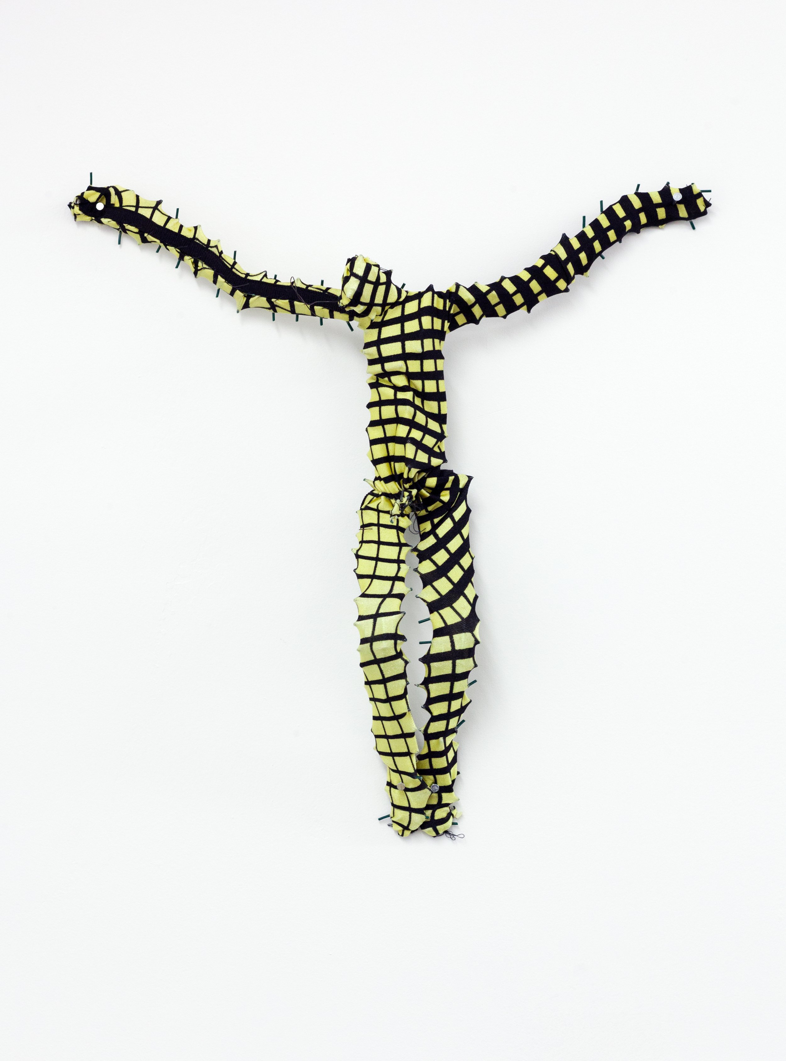   Bikini Crucifixion no. 6 , 2020. Old bathingsuits, steel, cotton thread. 13 x 13 x 2 inches. 